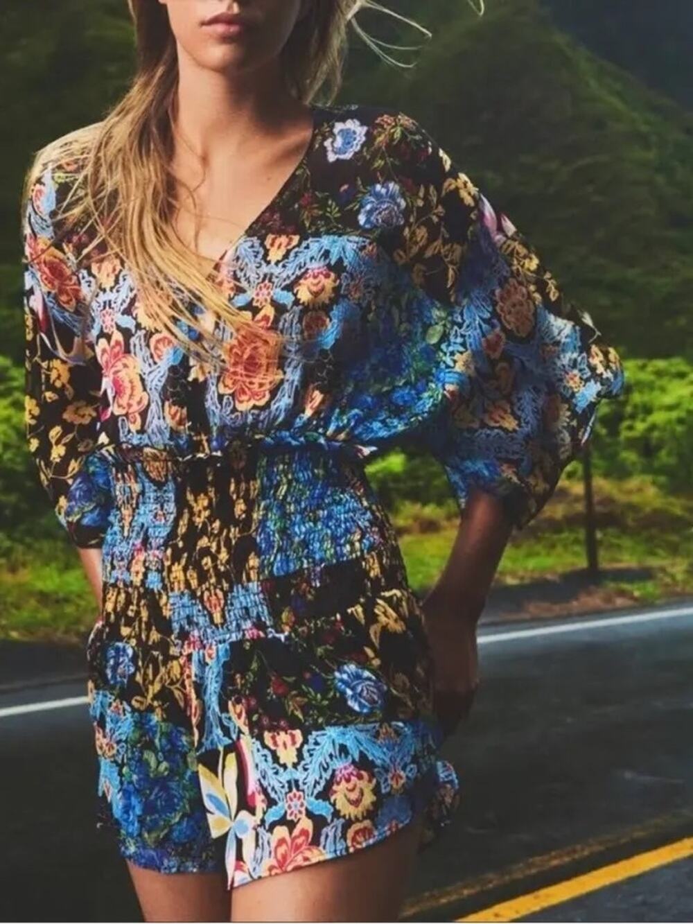 Zara Multicolored Patchwork Floral Chiffon Printed Sheer Shorts Romper, L, NWT